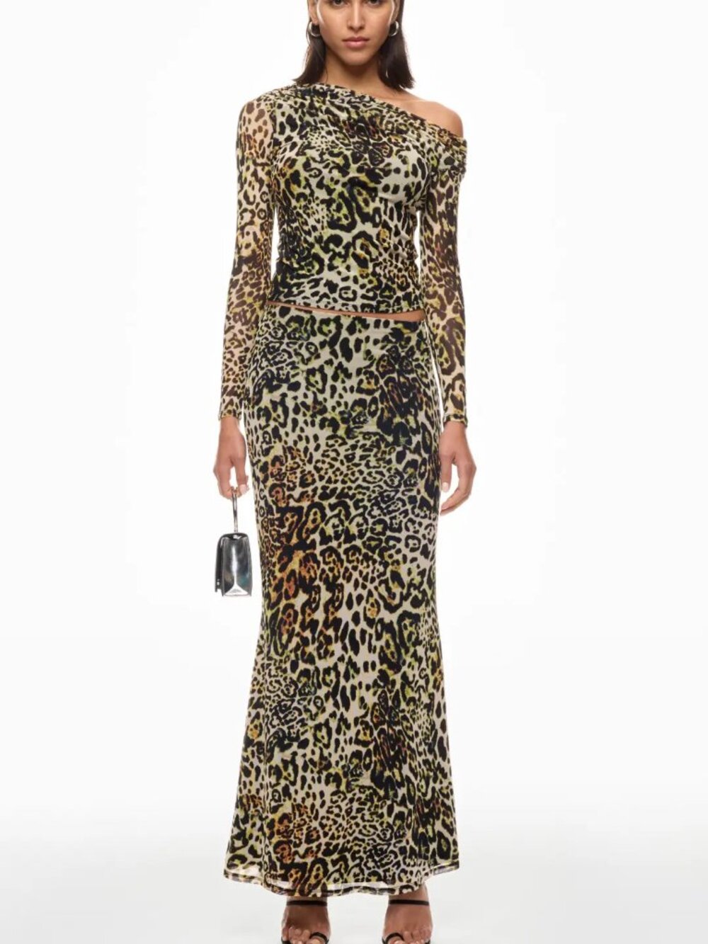 AFRM Tegan High Waist Maxi Skirt & Barry Asymmetric Shoulder Top Leopard Set XS
